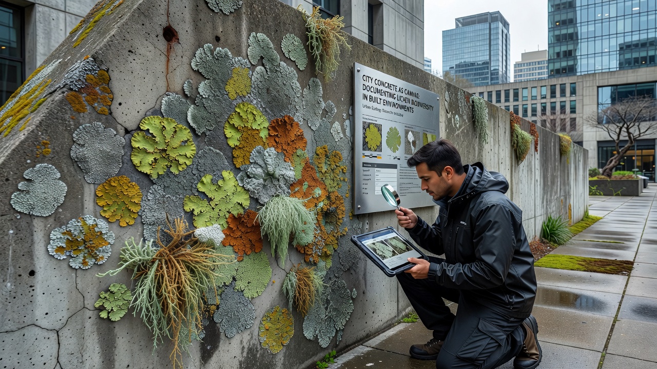 Close-up documentation of lichen biodiversity on city concrete structures
