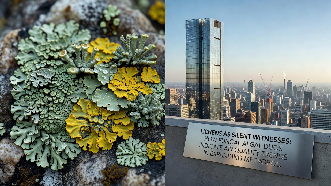 Close-up of diverse lichen species on building facades showing variations in color and structure linked to local air quality conditions